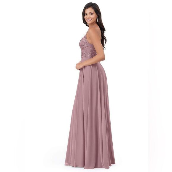 A-Line Lace Chiffon Bridesmaid Wedding Dress Dusty Rose - Picture 7 of 13